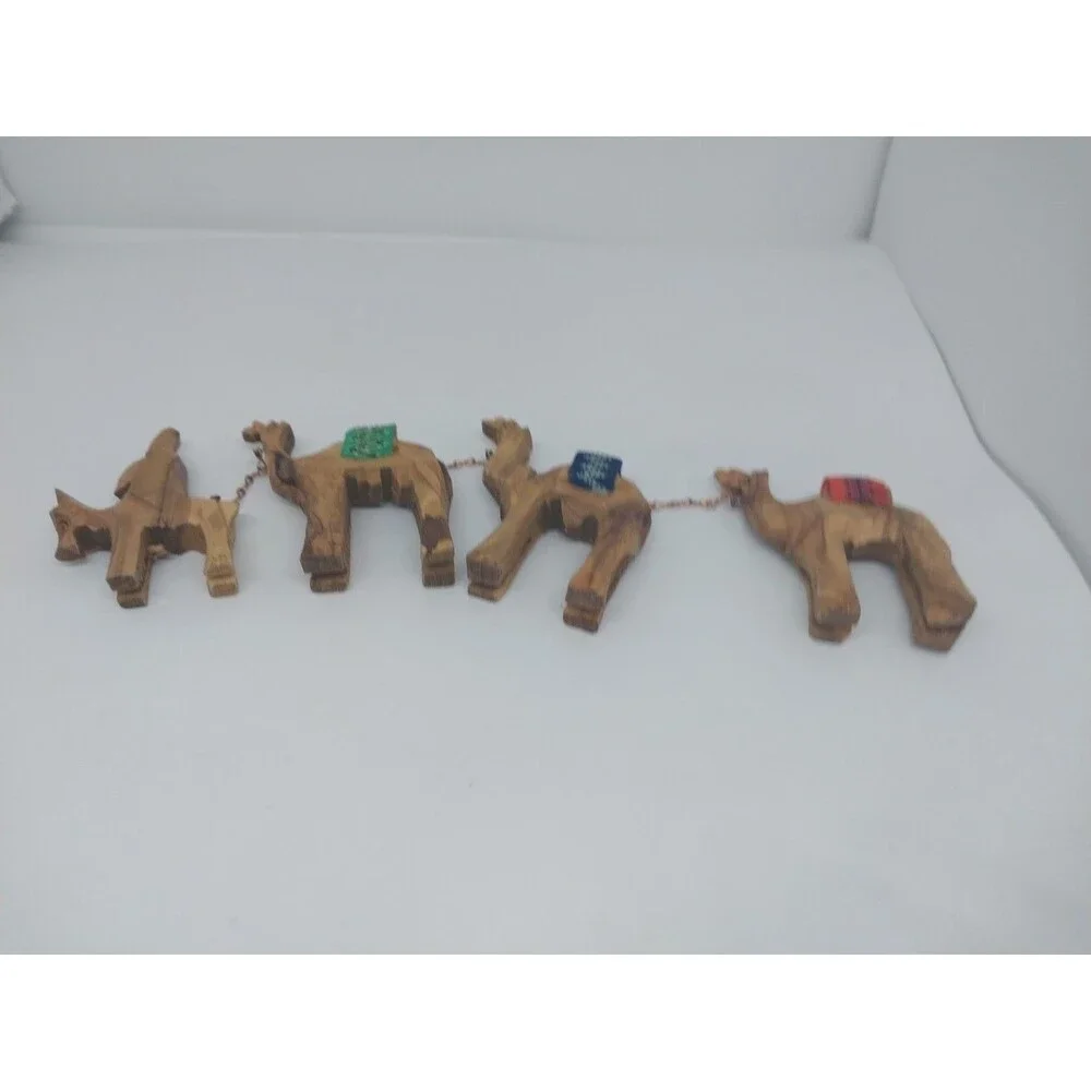 Vtg Donkey Camel Caravan Train Figurines Hand Carved Olive Wood Jerusalem 4 pc.